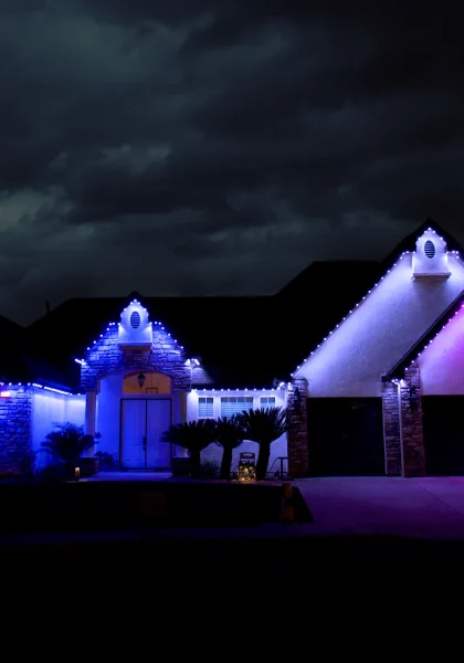 Ranch home , cool blue night scene